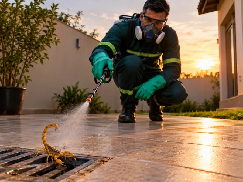 Técnico da Smart aplicando dedetização de escorpião no quintal, perto do ralo